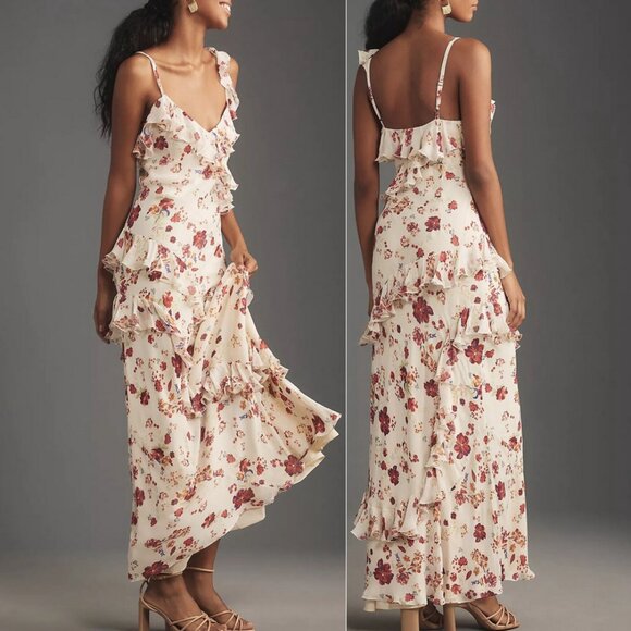 Anthropologie Let Me Be Sleeveless Ruffle Maxi Dress Floral